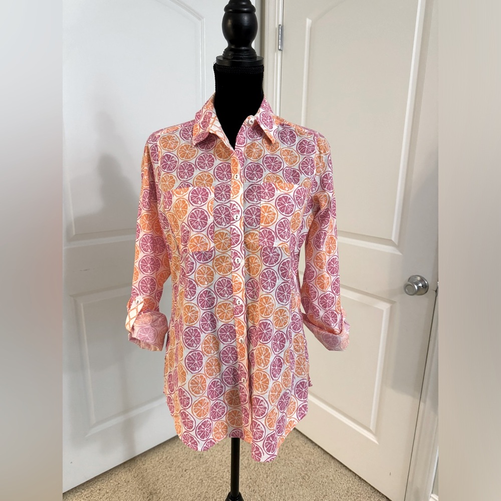 Foxcroft Zoey Motif Sz  4 Orange Citrus Fruit Wrinkle Free